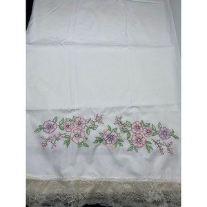 Vintage Embroidered Pillowcase Lace Flowers Pink 20" X 33" Cotton